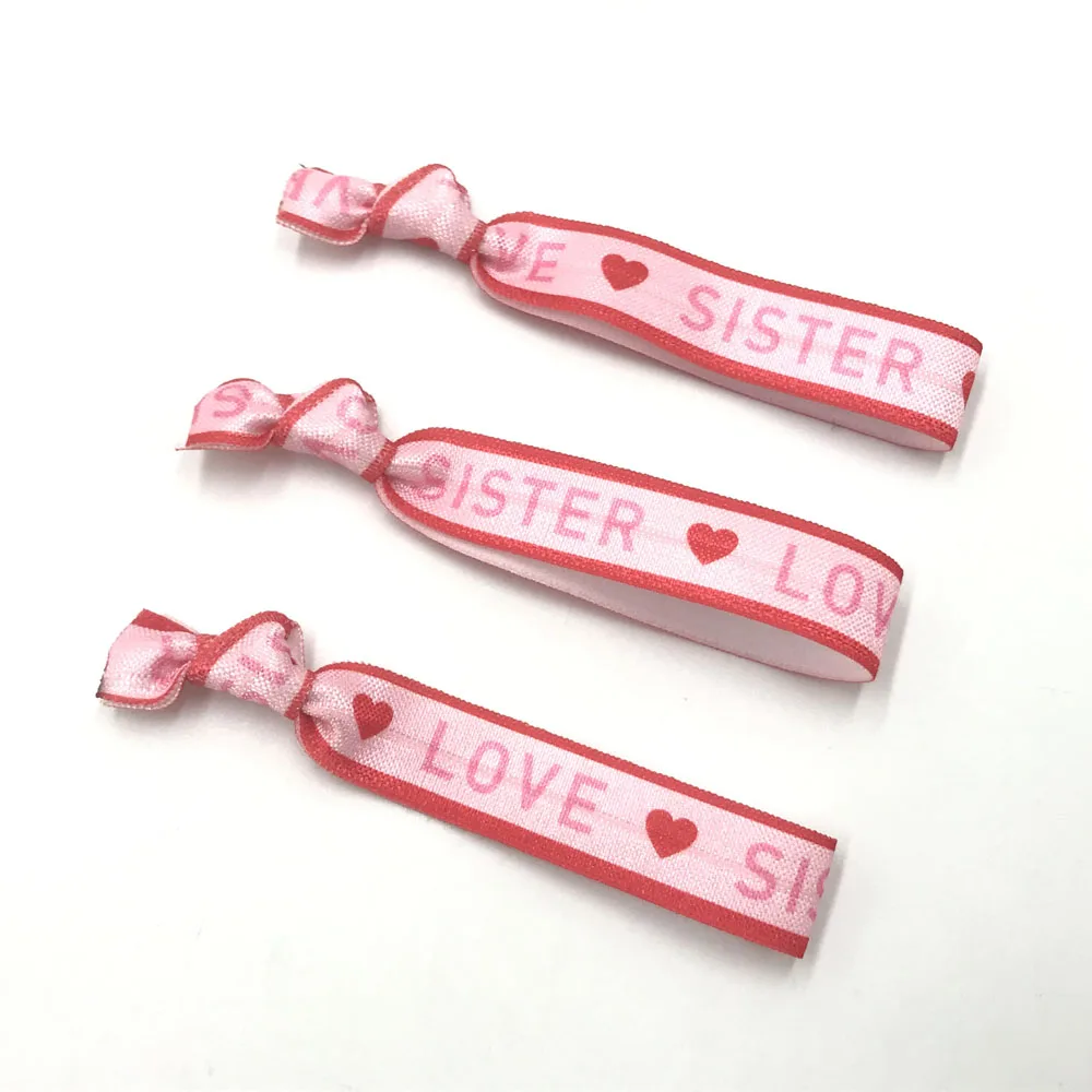 Letter Webbing 30pcs/Lot 15mm AMOUR LOVE SISTER GIRL Print Fold Over Elastic Band Hair Tie FOE Ribbon Bracelet Ponytail Holder