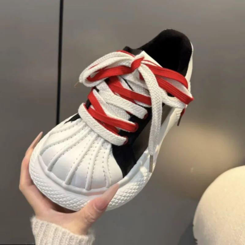 ：Women Kawaii Double Laces Shell Toe Chunky Platform Bread Sneakers, Round Toe Thick Sole Streetwear Casual Skate Shoes