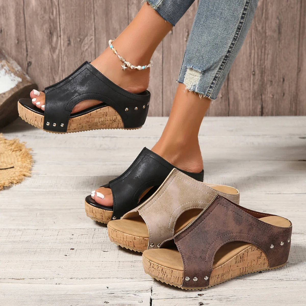 

Большие римские сандалии на толстой подошве и наклонном каблуке, женская обувь с вырезом в форме рыбьего рта, повседневные и простые.