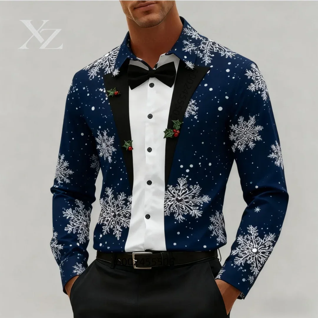 New Christmas snowflake fashionable men's high-definition 3D printed shirt short-sleeve top men's clothing Christmas long-sleeve
