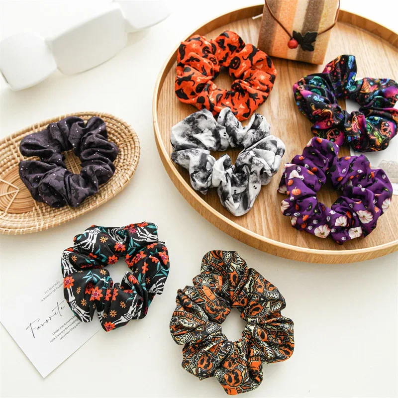 Halloween Skeleton Pumpkin Fabric Print Headband for Women Festival Scrunchies Hair Rope Spot