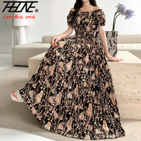 THHONE Summer Dress Women Cotton Linen Floral Vintage Oversized Korean Vestido Feminino Print Robe Off-Shoulder Casual Dresses