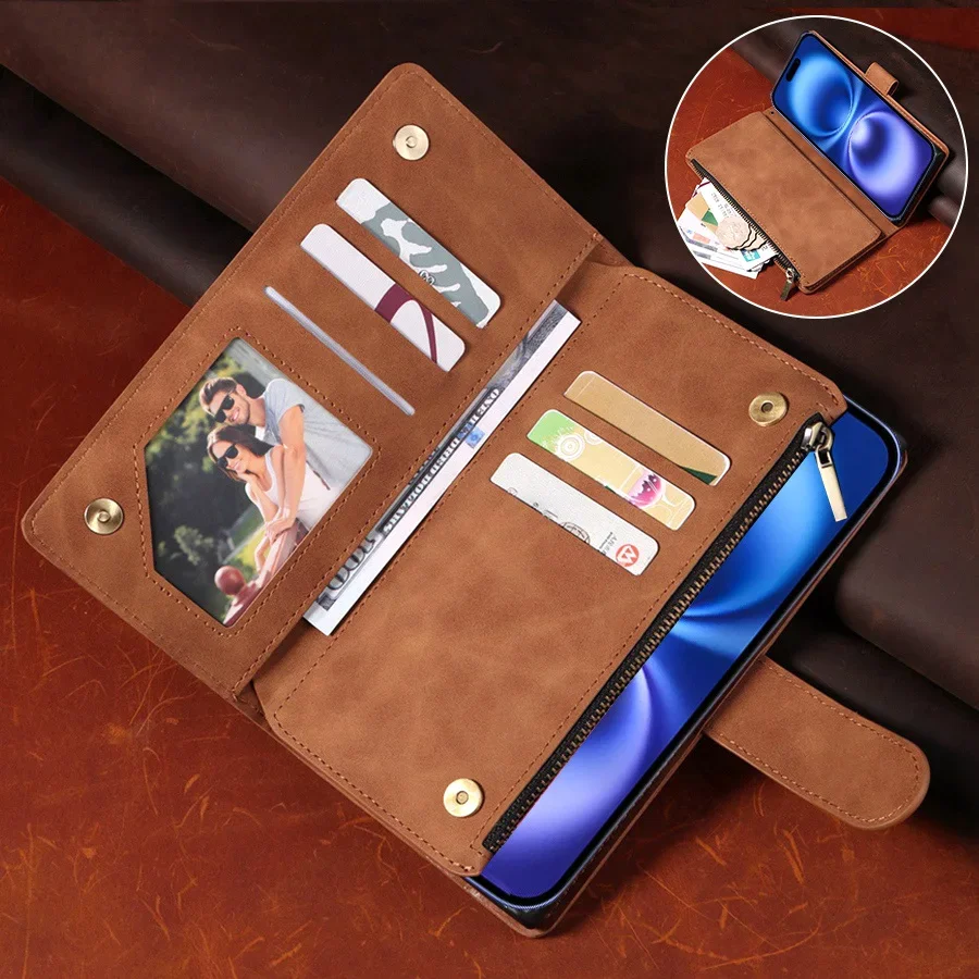 

Double Layer Zipper Wallet Case for iPhone 16 Pro Max 16 Plus Wristband Leather Flip Cover for iphone 15 pro 14 13 Mini