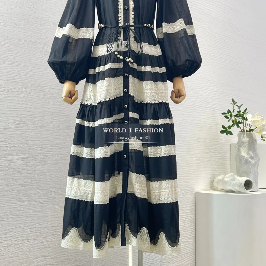 black white long sleeve lace patchwork midi dress