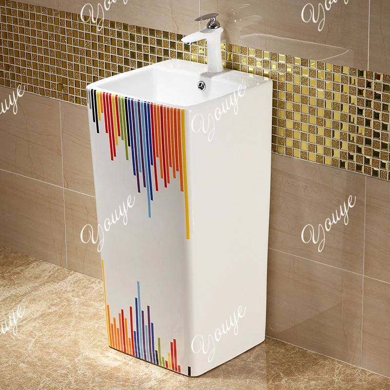 

European column integrated wash basin Hotel column wash basin Ceramic color floor basin