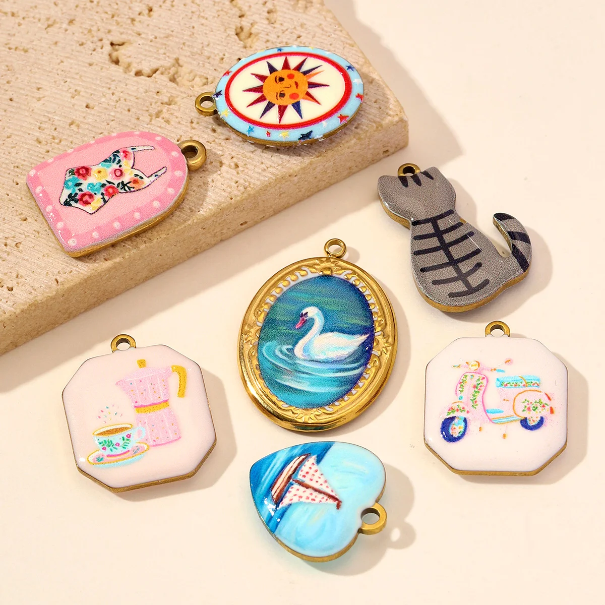3pcs/Lot Stainless Steel Enamel Cat Swan DIY Earring Charms Sun Swimwear Necklace Pendants Woman Sail Boat Cup Jewelry Wholesale