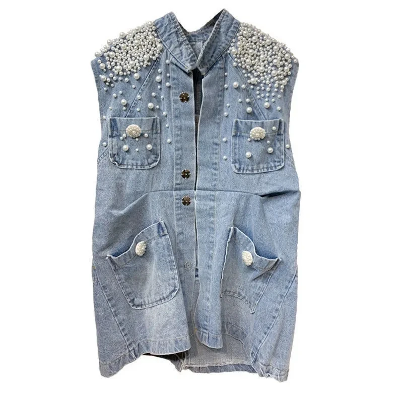 

Spring Summer Autumn New Heavy Pearl Retro Ladies Denim Vest Tank Top Women's Jacket Cardigan Fashion Comfortable Pocket Coat