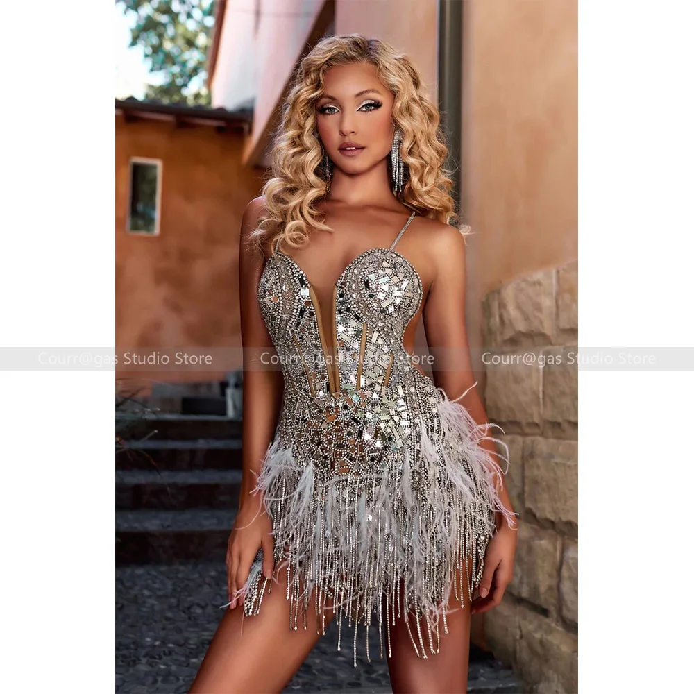 Europe and the United States fashion short section feather dress sexy women's banquet Slim package hip evening dresses