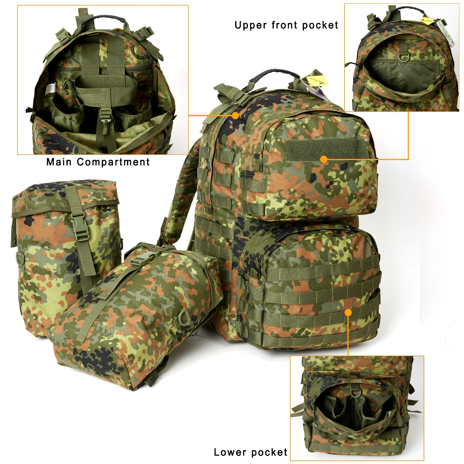 Akmax Militare MOLLE 2 Zaino medio Zaino da assalto tattico militare da 50 litri con telaio esterno Flecktarn