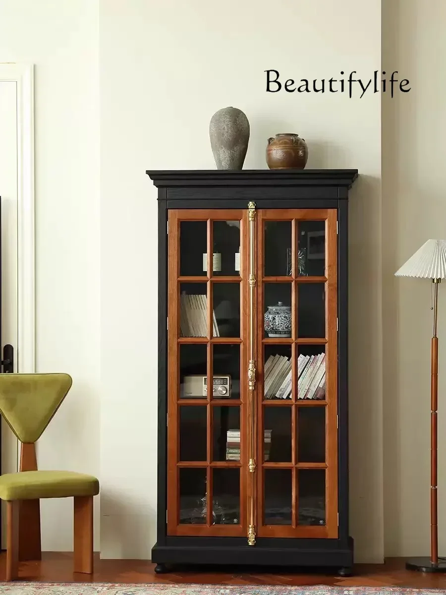 

Light luxury retro solid wood wine cabinet French antique double door glass dining side display cabinet simple storage