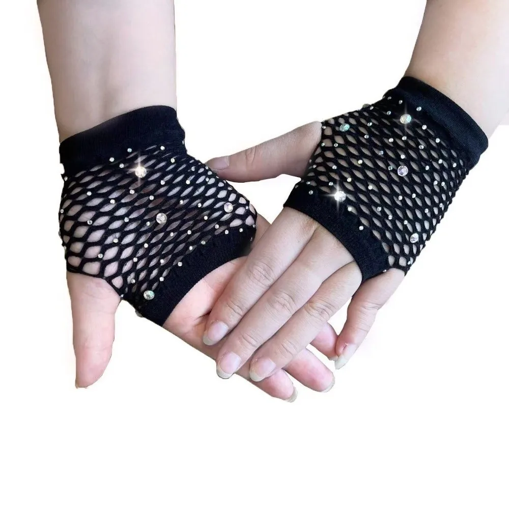 Fashion Elastic Rhinestone Gloves Black White Shiny Fishnet Fingerless Gloves Punk Gothic Style Long Gloves Dance Wear