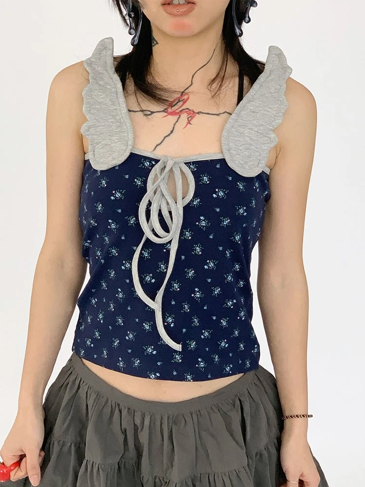 الصيف اليابانية الطباعة تانك القمم المرأة Y2k الجمالية الجناح المرقعة سليم صالح الدبابات الجرونج الجوف خارج ضمادة اقتصاص بروتيل