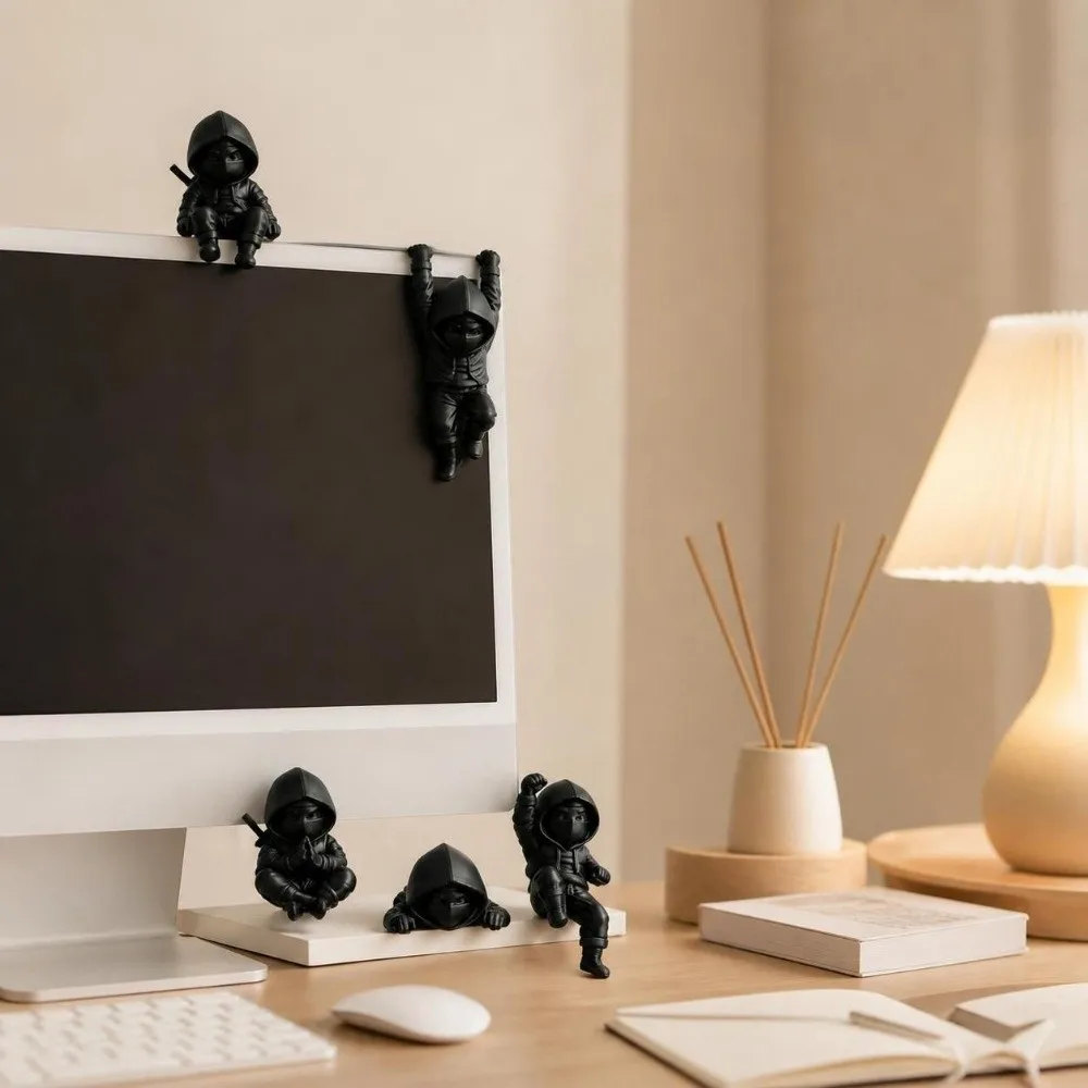 5 pcs 3D Printing Ninja Ornaments Hanging Decor Funny Hooded Man Figure Five Action Postures Mini Monitor Top Decor Desk