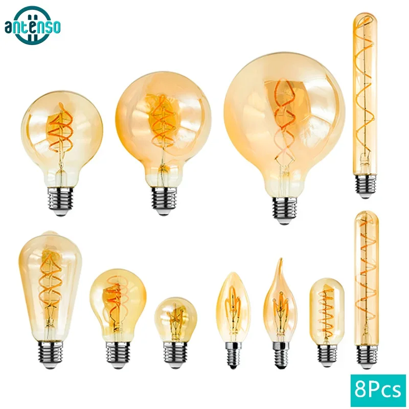 

8Pcs Led Bulb E14 E27 220V 4W Retro Vintage Edison Lamp C35 A60 ST64 G80 G95 Spiral Light Bulb Home Decor Filament Light Bulb