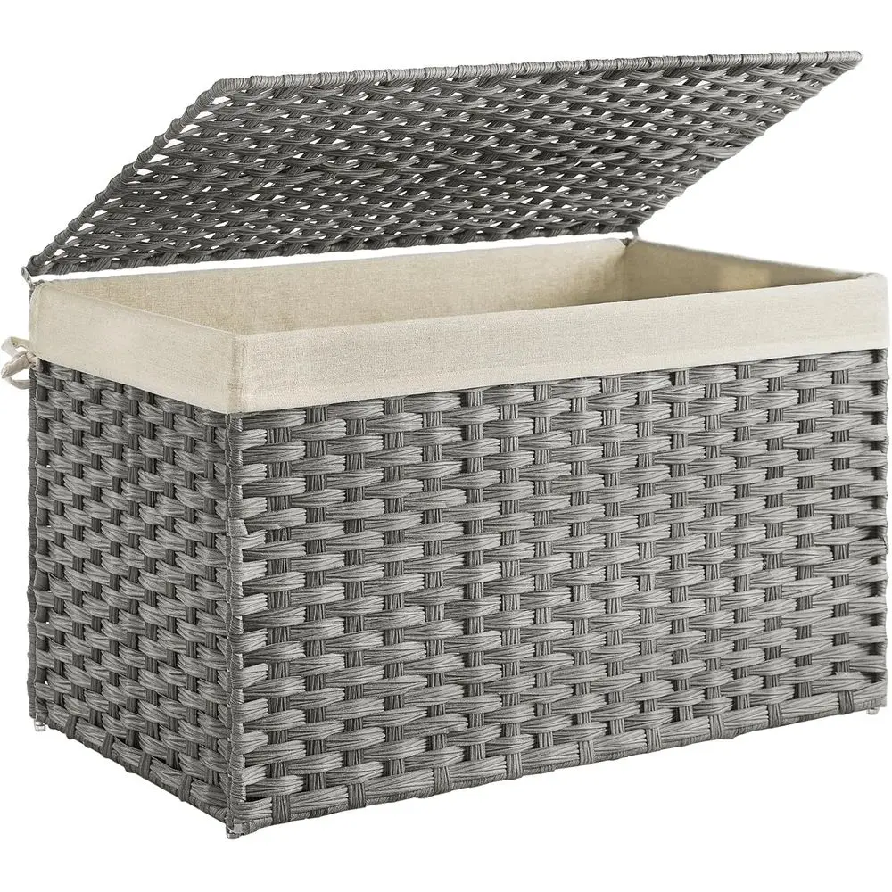 

Storage Basket with Lid, Woven Blanket Storage Bin with Handles, Foldable, Removable Liner, Metal Frame, for Bedroom, Laundry Ro