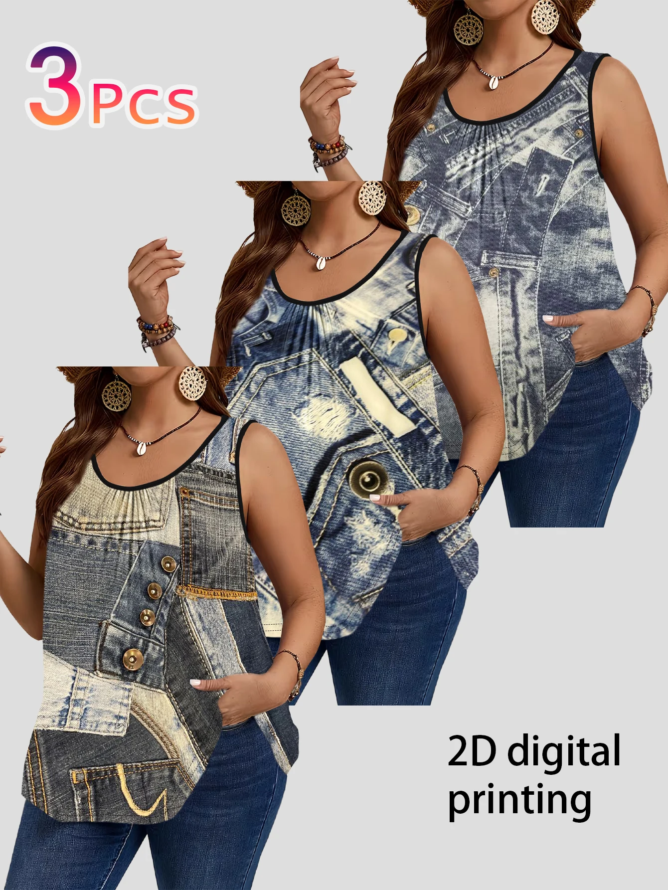 3-Piece Set of Plus-Size Women's Vests, Faux Denim Patchwork, Distressed Print, Loose Sleeveless Tops