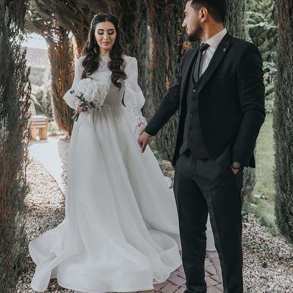 SONDR-vestidos De novia hasta el suelo con cuello alto, traje De Organza, línea A, hecho a medida, De noche