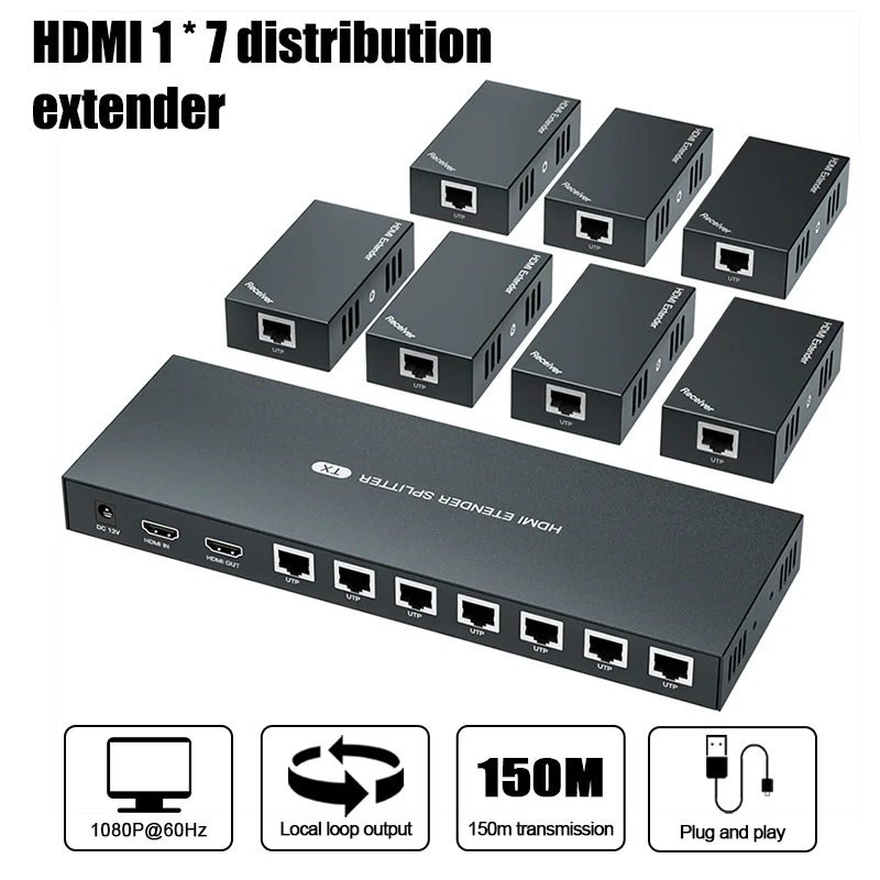 1x7 HDMI Extender Splitter 50M/1080P@60Hz Over Cat 5E/6/7 Ethernet Cable EDID Copy POC Function for Conference Family Gathering