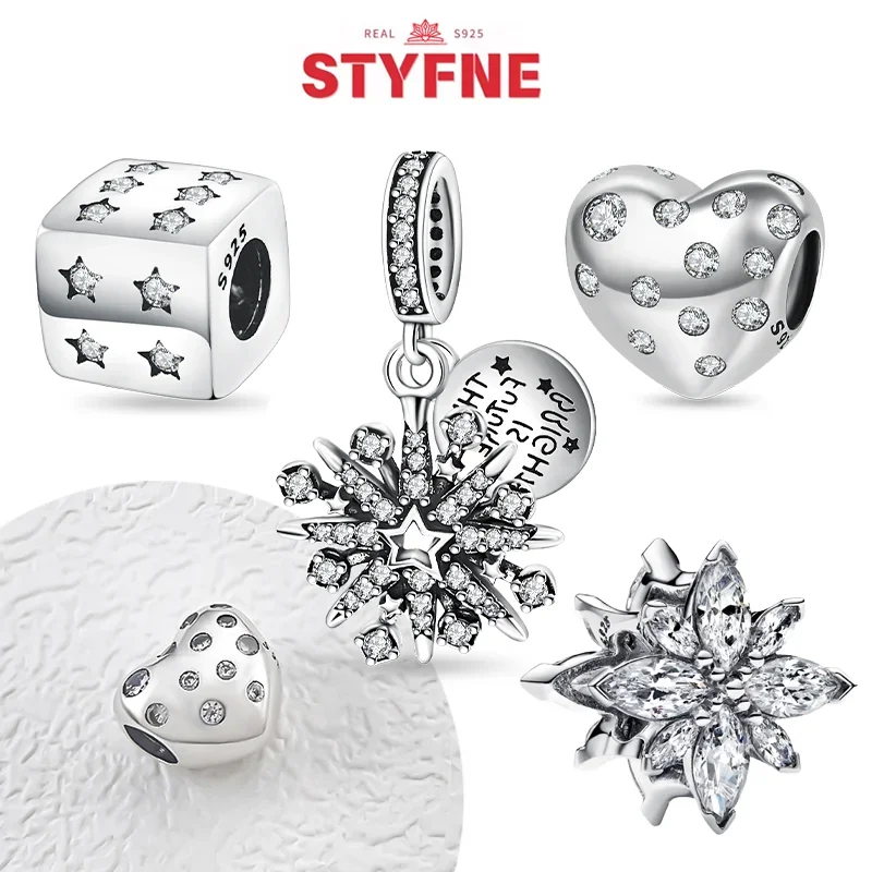 

S925 Silver Christmas Snowflake Charms Heart Shaped Shiny Zircon Bead Fit Original Bracelet Diy Fine Jewelry Christmas Gift