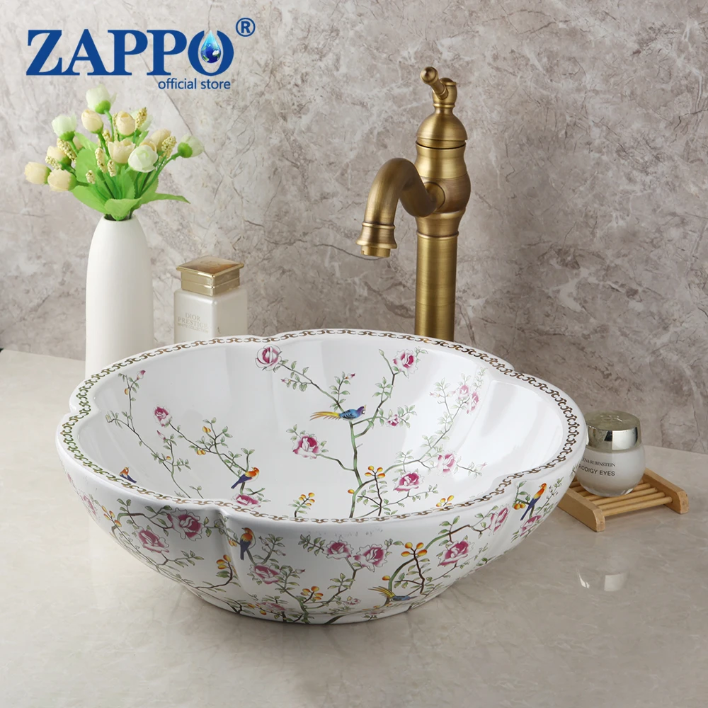 

ZAPPO Above Counter Ceramic Vessel Sink For Bathroom Round Petal Shaped Flower & Bird Pattern Wash Basin Bowl Sinks With Faucet