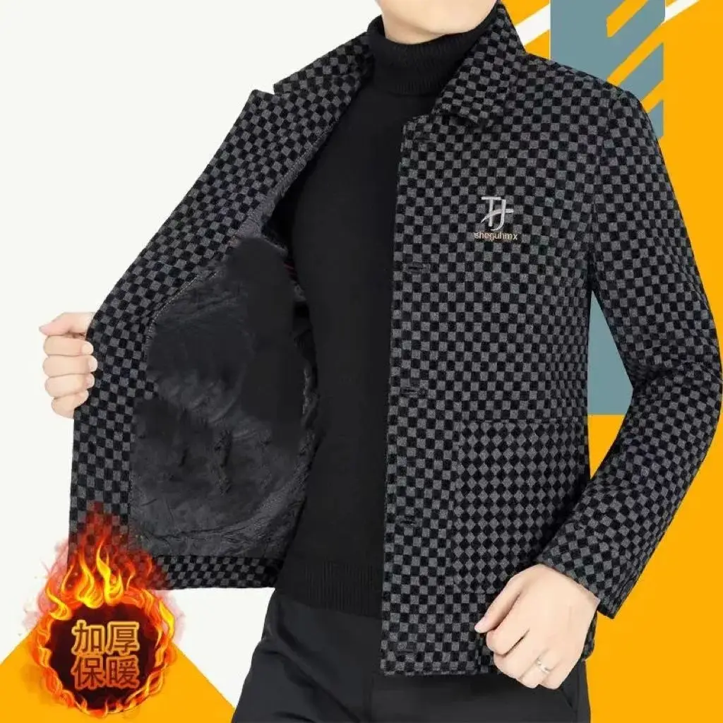 

Men's Woolen Jaet Casual Flip Collar High End Tweed Coat Busin Casual Sle Stand Fit Long Sve ort Length Button...