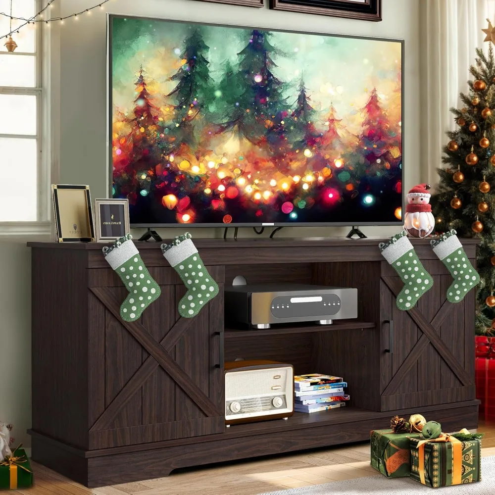 TV Stand, Suitable for 65 Inch TV, Farmhouse Entertainment Center, with Double Barn Doors and Storage Cabinets