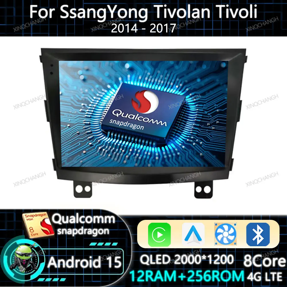 Autoradio Android 15 Carplay Auto pour SsangYong Tivolan Tivoli 2014 - 2017, unité principale Qualcomm, navigation QLED GPS 2DIN BT BT GPS
