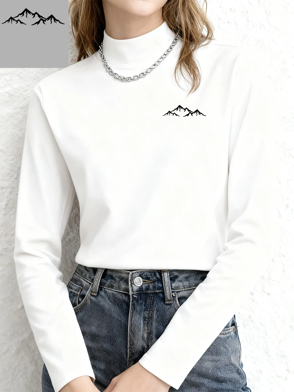 Mountain Pattern Prints T-Shirts für Damen, Herbst, lange Ärmel, Hemd, schmale Passform, warm, halber Rollkragen, Tops, Freizeitkleidung