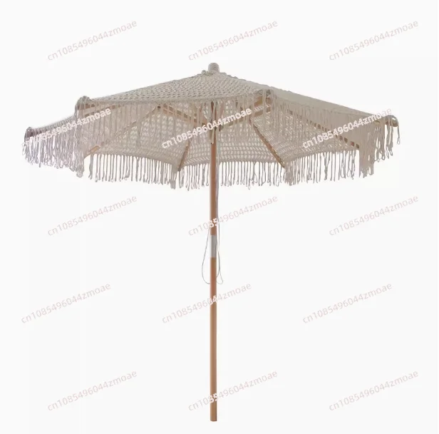 Bali Outdoor Wooden Pole, Patio Sun Parasol Hand-tied Cotton Woven Macrame Fringe Canopy Beach Umbrellas With Tassel For Garden/