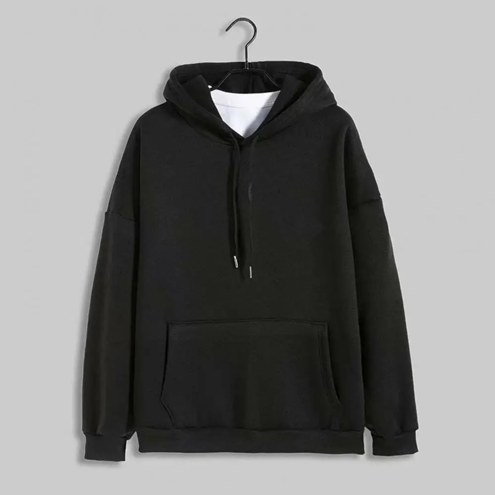 Men Spring Hoodie Solid Color Drawstring Hooded Pullover Warm Simple Style Plus Size Thermal Men Hoodie Fashion Sweatershirt