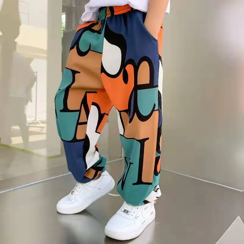 

2023 New Boys Print Casual Pants Summer Graffiti Designer Print Sweatpants Thin Long Pant Teenage Kids Boys Clothes for 2-12 Y