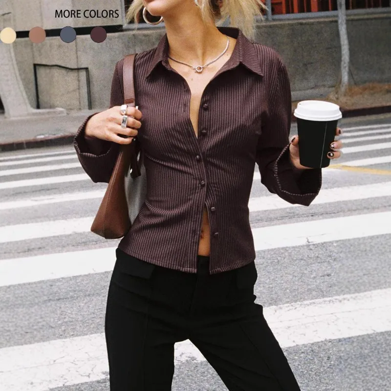 

2025 Spring and Autumn New Collection: Flip Collar Buckle Cardigan, Long Sleeve Shirt, Slim Fit, Versatile Striped Top