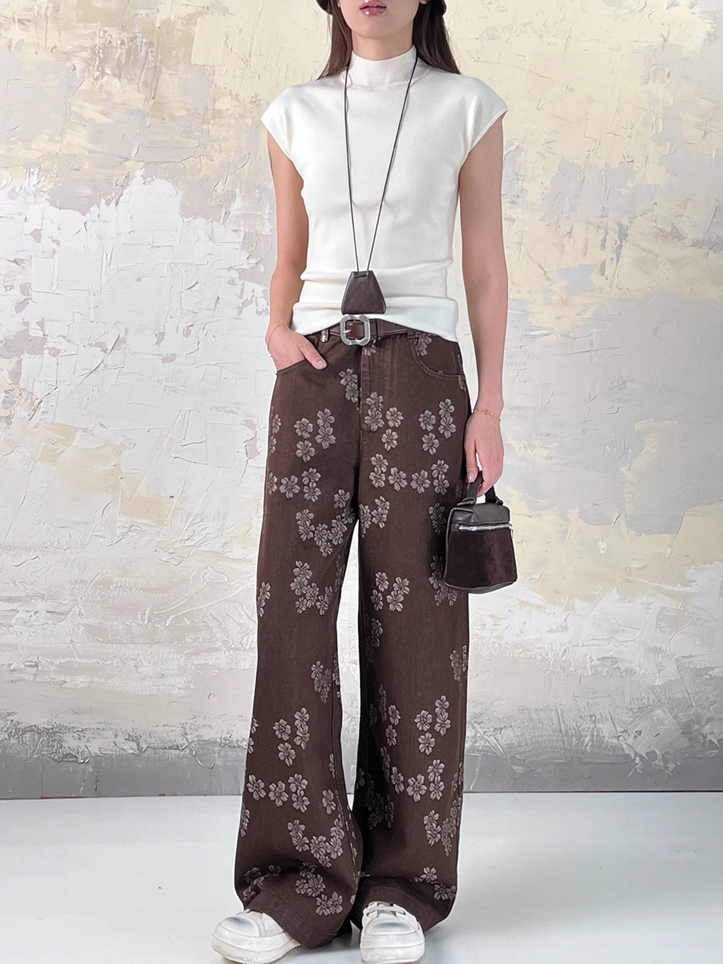 

Джинсы Cloud Fuzz Flower с высокой талией, прямые, повседневные, с вышивкой и поясом, из хлопкового денима, утягивающие, из плотной ткани