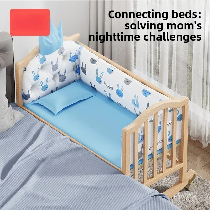 Crib Solid Wood Unpainted Multifunctional Splicing Large Bed Mobile Baby Cradle Newborn Children's Sleeping Bed