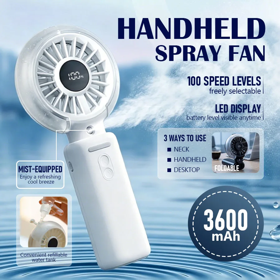 100 Speeds Handheld Misting Fan, 3-in-1 Handheld/Neck/Desktop, 3600mAh Rechargeable, LED Display, Portable Hands-Free USB Fan