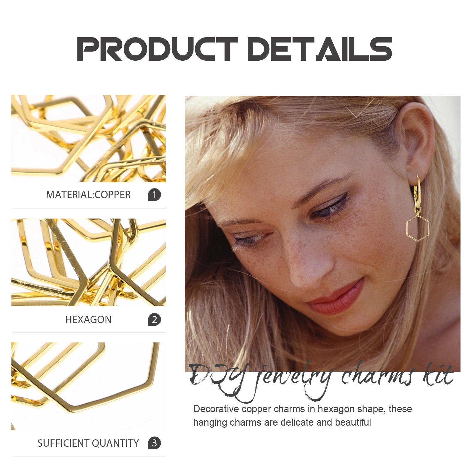 

50 Pcs Hexagonal Earring Pendant Jewelry Supplies Making Charms Double Jewellery Golden for Earrings