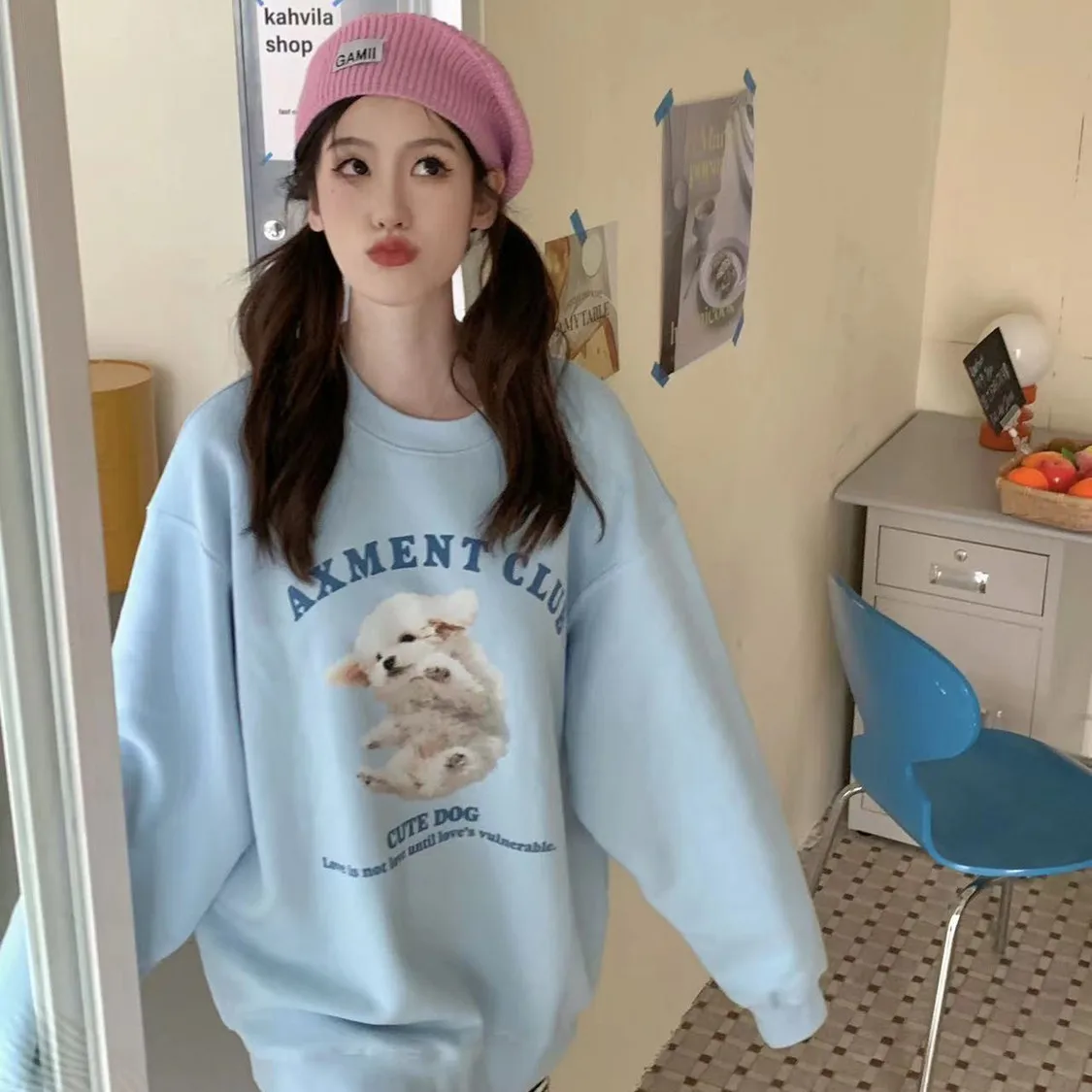 Sky Blue Pure Cotton Oversized Sweatshirt college girls Korean Cute Dog Cartoon Hoodie Casual Long Sleeve Winter Kawaii Clothes