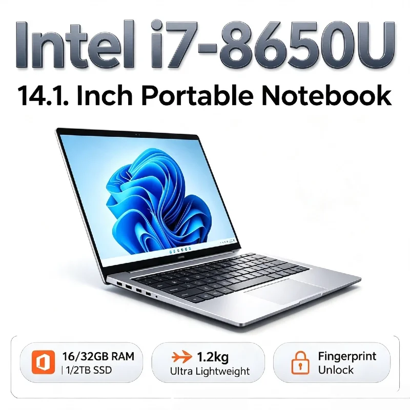 Intel i7 8650U 14.1 Inch Ultra Slim Laptop 4C8T 1.9GHz Up to 4.2GHz 32GB RAM 2TB SSD Gaming Gamer Office 1920x1080 Ultra