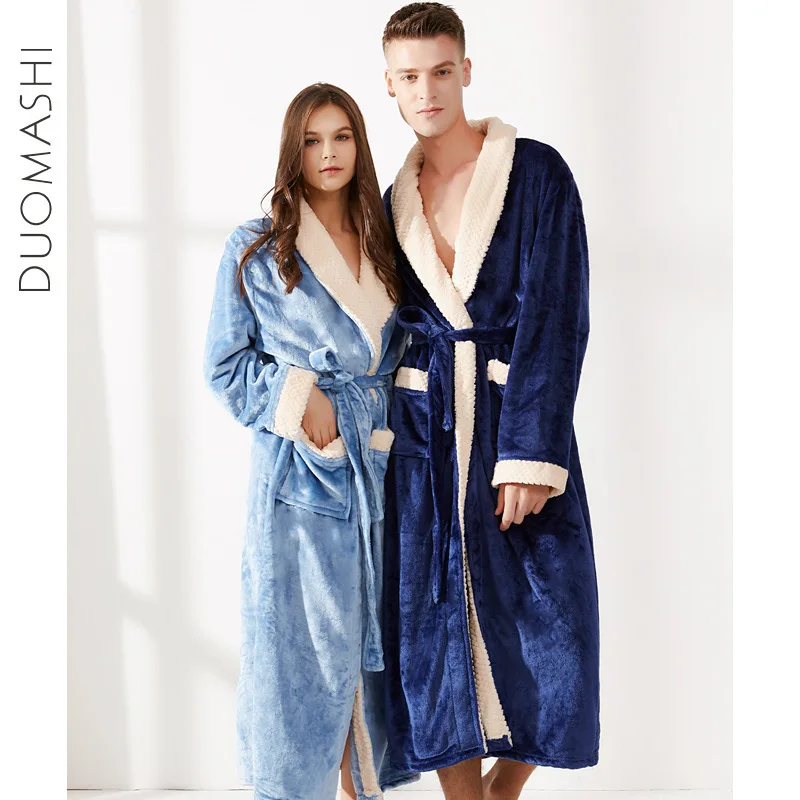 Men Plus Size Extra Long Warm Flannel Bathrobe Winter New Sleepwear Male Coral Velvet Bath Robe Women Coral Dressing Gown