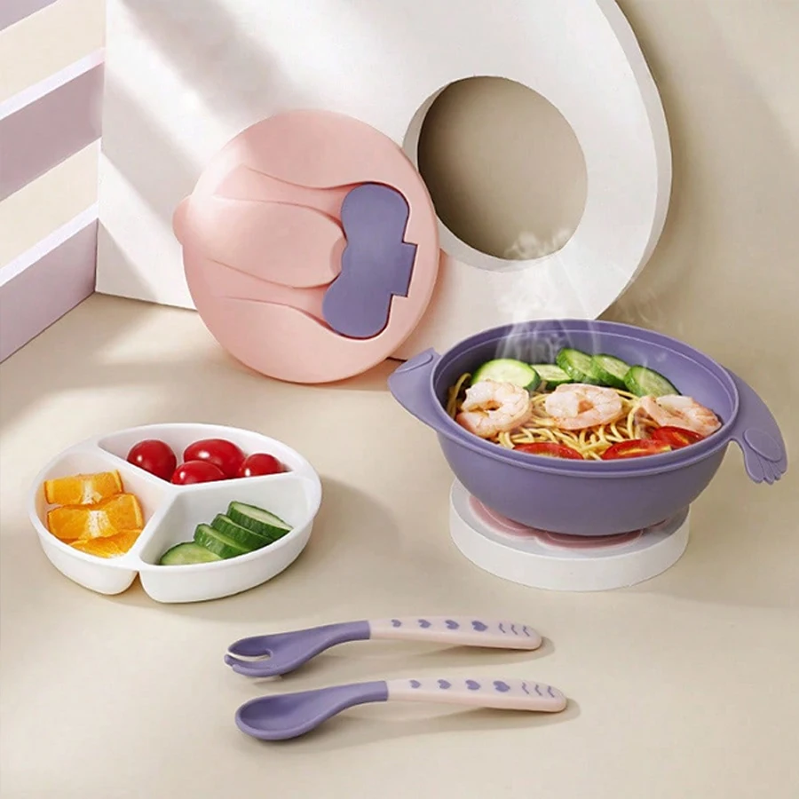 

4 Pcs Baby Feeding Bowl Set Angel Wings Purple 3-Compartment Divided Plate with Built-in Fork & Spoon Training Baby Self-Feeding