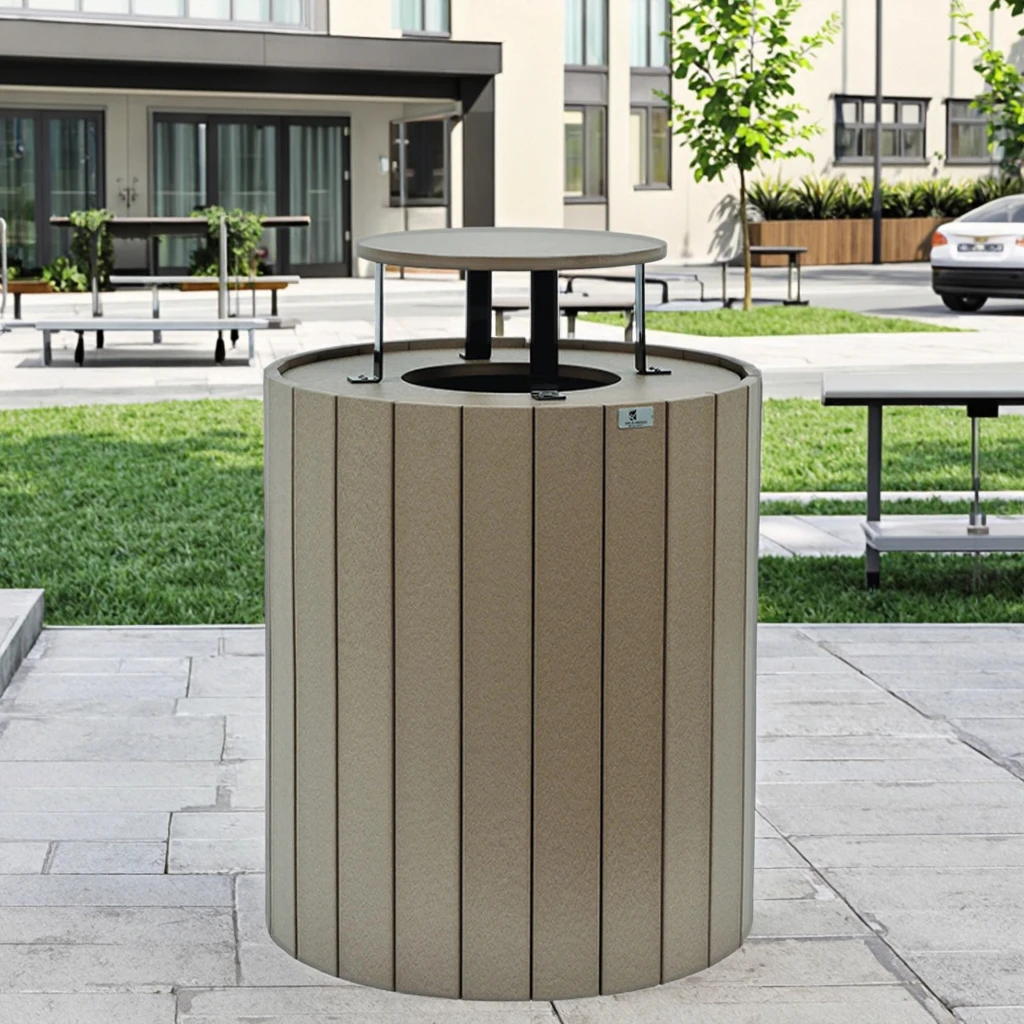 Urban Park Outdoor Trash Can Durable WPC Wood Metal Recycling Storage Bucket Standing Lid Contemporary Design for Indoor Outdoor