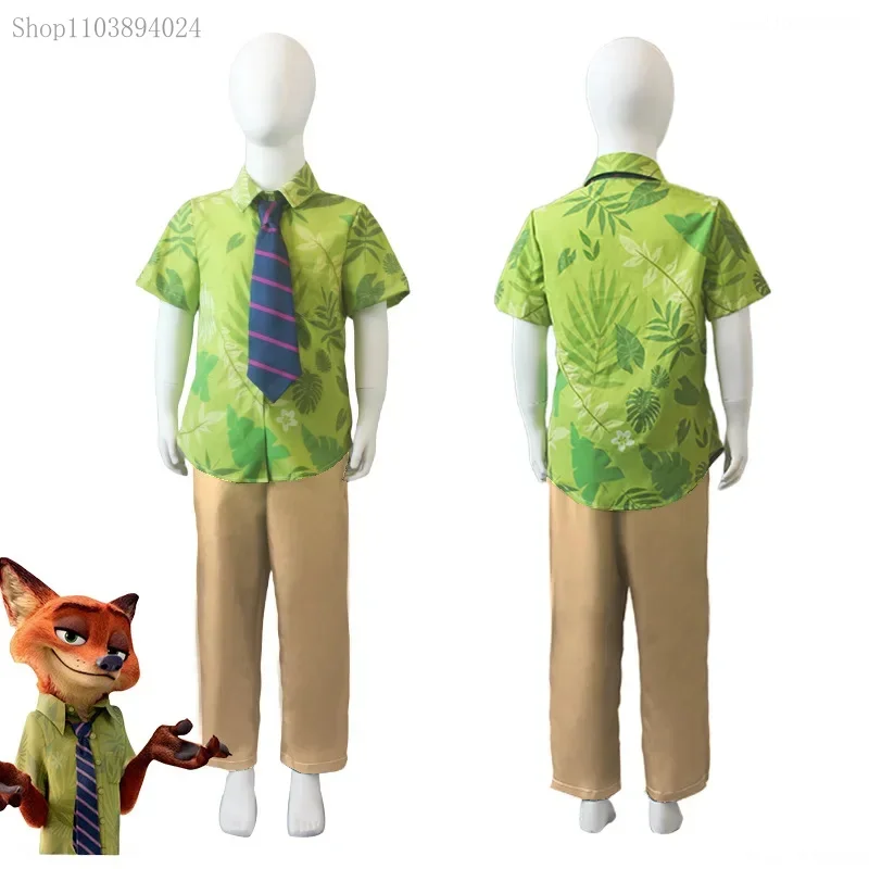 

Cosliy Fox Nick Wilde Cosplay Shirt With Tie Men Halloween Green Leaves Printed Summer Casual T-shirt and Necktie cosplay# 1.