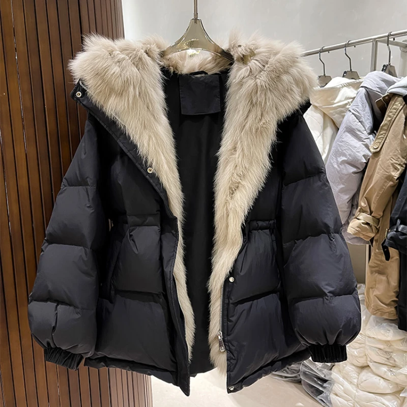 White Duck Down Jacket for Women, Thick Warm Hooded Coat, Real Fur Collar, Fox Hair Waisted Parka, Fashion, New, Winter, 2024