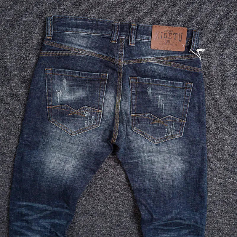 กางเกงยีนส์ผู้ชายสไตล์ Y2K ดีไซน์เนอร์ แฟชั่นย้อนยุค สีน้ำเงิน ยืดได้ ทรงสลิมฟิต ขาดๆ เซอร์ๆ คุณภาพสูง สไตล์อิตาเลียน วินเทจ