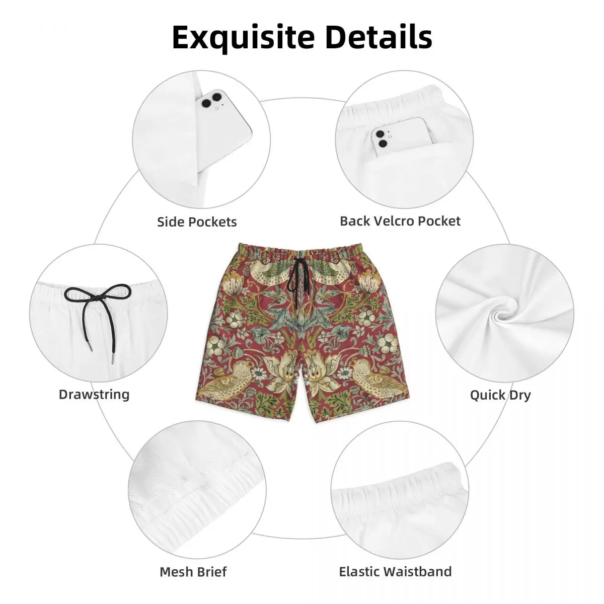 William Morris Quick Dry Swim Trunks, Boardshorts de natação, Padrão Floral Têxtil, Shorts praia, Morango, Ladrão, Red Swimwear