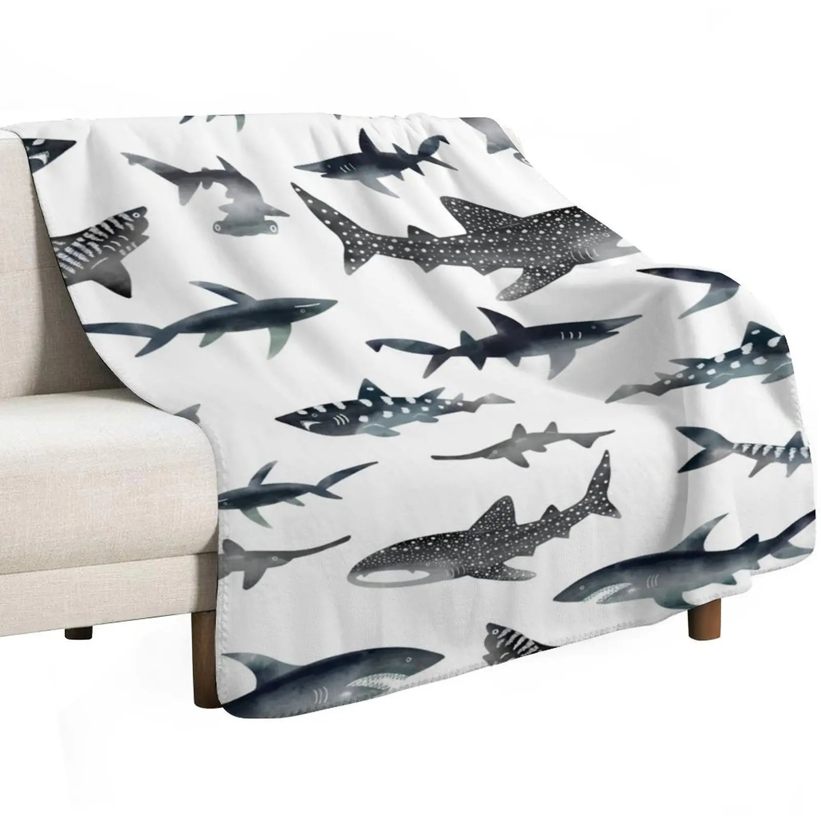 Sharks! Sharks! Sharks! Dark Ocean Watercolour Throw Blanket Camping Bed Comforter wednesday Blankets