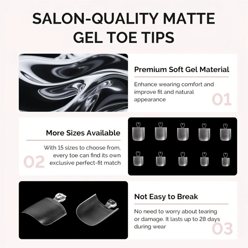 Kurze, quadratische Nagelspitzen für die Zehen, 15 Größen, 180 Stück, matte, weiche Nagelverlängerungen für vollständige Abdeckung der Zehennägel, matte Press-On-Nägel für die Fußpflege. – Detail 5