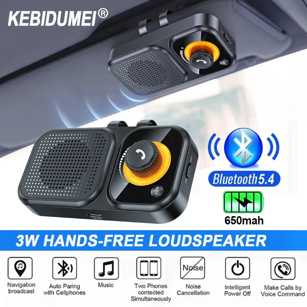 Kebidumei Bluetooth 5.4 Sun Visor Loudspeaker Wireless Handsfree Car Kit 3W Speaker Stereo Mp3 Player Support Siri Long Standby