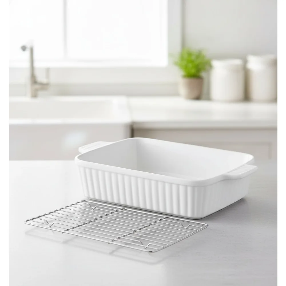 

4.4 QT Large Ceramic Baking Dish with Rack, 9x13 Oven Safe Casserole Pan for Lasagna & Roasting
