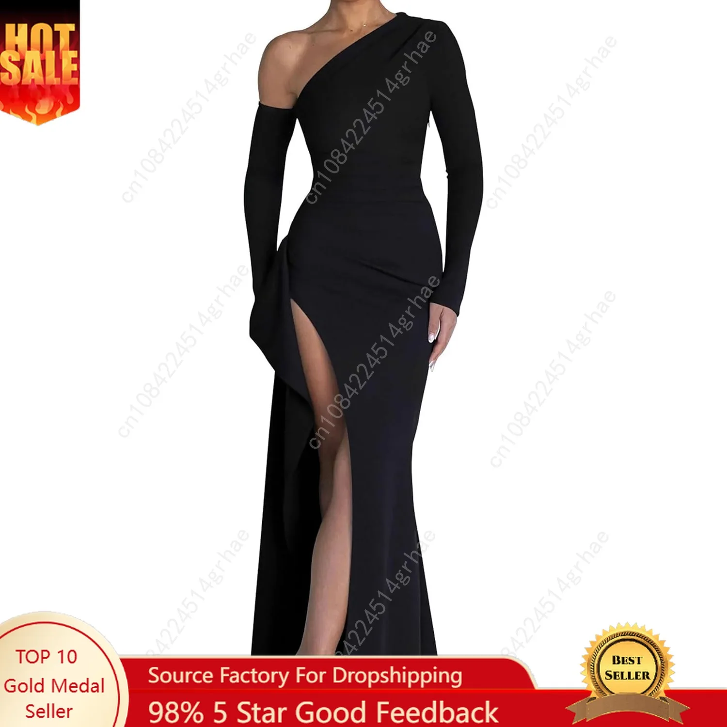 Women's One Shoulder Long Sleeve Sexy High Slit Wedding Guest Party Maxi Dress